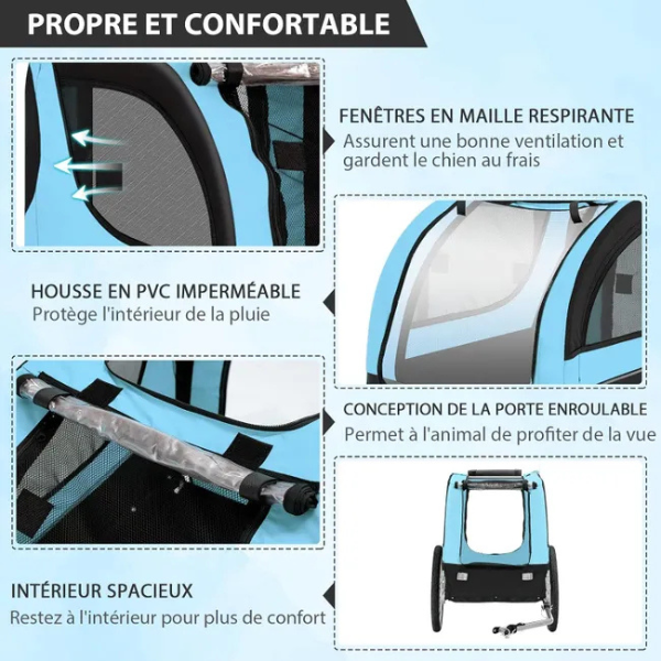 Remorque velo pliable pour chien animaux en oxford canvas, poussette de transport chien avec drapeau, 8 reflecteurs, charge max 40 kg