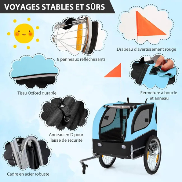 Remorque velo pliable pour chien animaux en oxford canvas, poussette de transport chien avec drapeau, 8 reflecteurs, charge max 40 kg