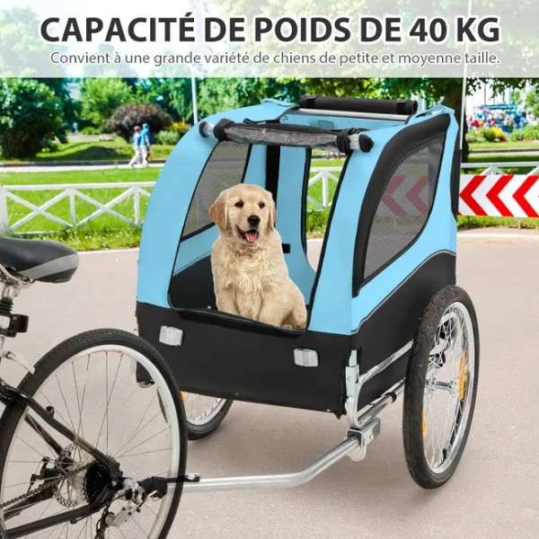Remorque velo pliable pour chien animaux en oxford canvas, poussette de transport chien avec drapeau, 8 reflecteurs, charge max 40 kg