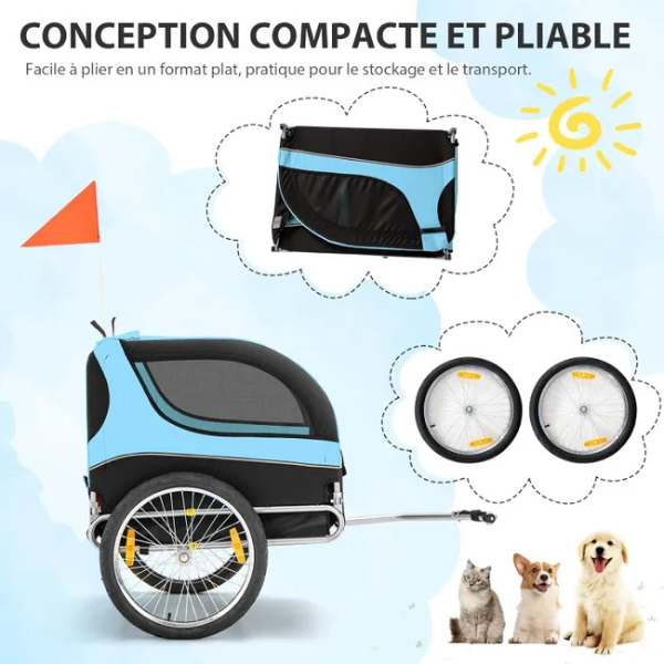 Remorque velo pliable pour chien animaux en oxford canvas, poussette de transport chien avec drapeau, 8 reflecteurs, charge max 40 kg