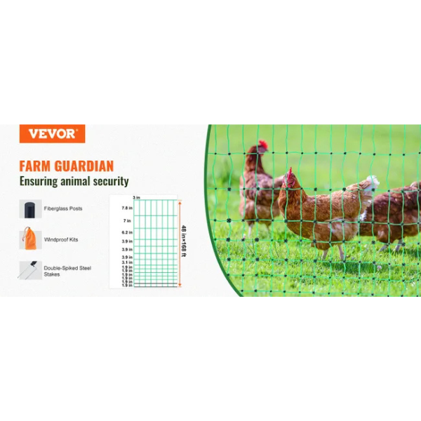 Kit filet de clôture électrique 1,21 x 51,2 m - clôture filet pe avec poteaux et piquets a double pointe - maille portable utilitaire pour poulets