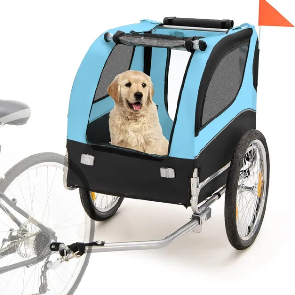 Remorque velo pliable pour chien animaux en oxford canvas, poussette de transport chien avec drapeau, 8 reflecteurs, charge max 40 kg