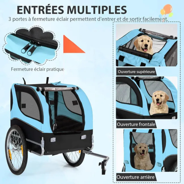 Remorque velo pliable pour chien animaux en oxford canvas, poussette de transport chien avec drapeau, 8 reflecteurs, charge max 40 kg