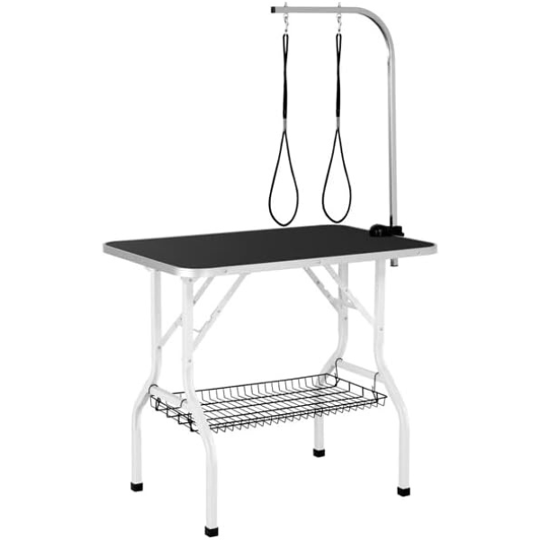 Table de toilettage pour chien pliante - potence réglable - 2 sangles - panier de rangement - surface travail large antidérapente - 100kg