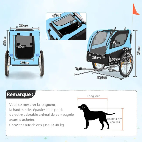 Remorque velo pliable pour chien animaux en oxford canvas, poussette de transport chien avec drapeau, 8 reflecteurs, charge max 40 kg