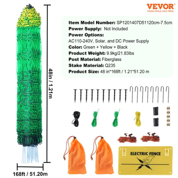 Kit filet de clôture électrique 1,21 x 51,2 m - clôture filet pe avec poteaux et piquets a double pointe - maille portable utilitaire pour poulets