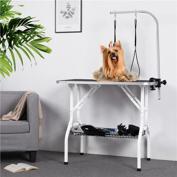 Table de toilettage pour chien pliante - potence réglable - 2 sangles - panier de rangement - surface travail large antidérapente - 100kg